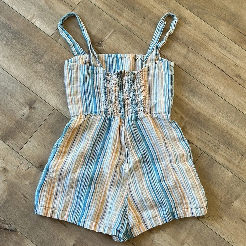Reformation Island Linen Romper in Marbella Striped Multi Color Size 4